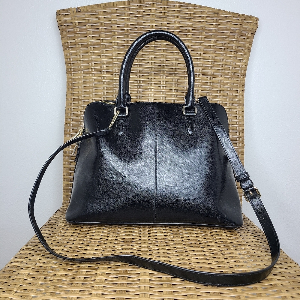 DKNY Bag Satchel Tote Shoulder Strap Handles Shiny Leather Black Gold Hardware - Picture 3 of 16